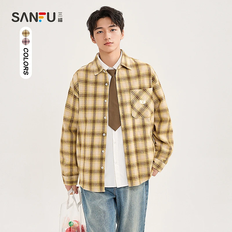 【BRUNCH BROTHER联名】三福2025夏季格纹翻领长衬衫497655