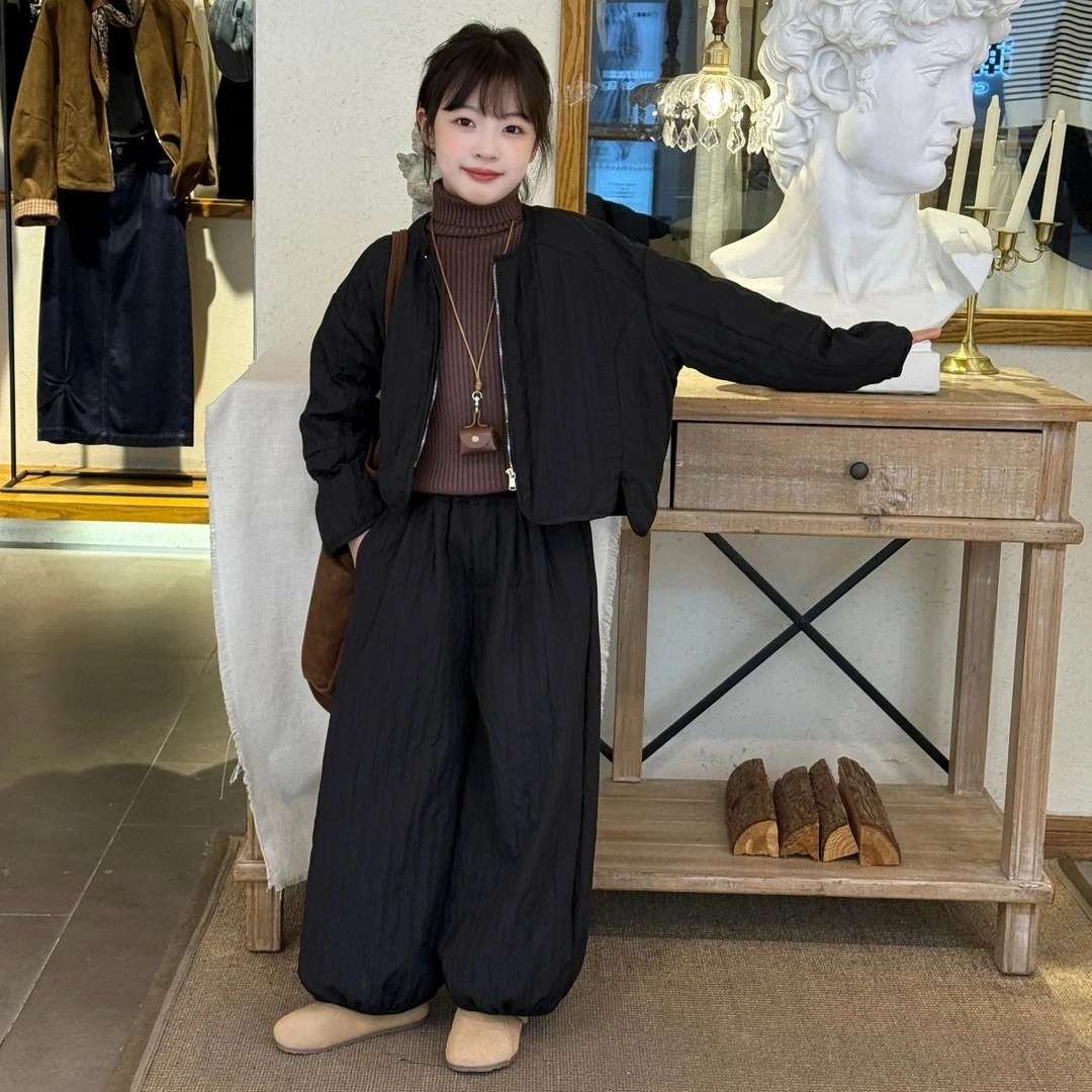 女童2025冬款洋气百搭圆领韩版棉服外套高腰加绒阔腿裤纯色两件套