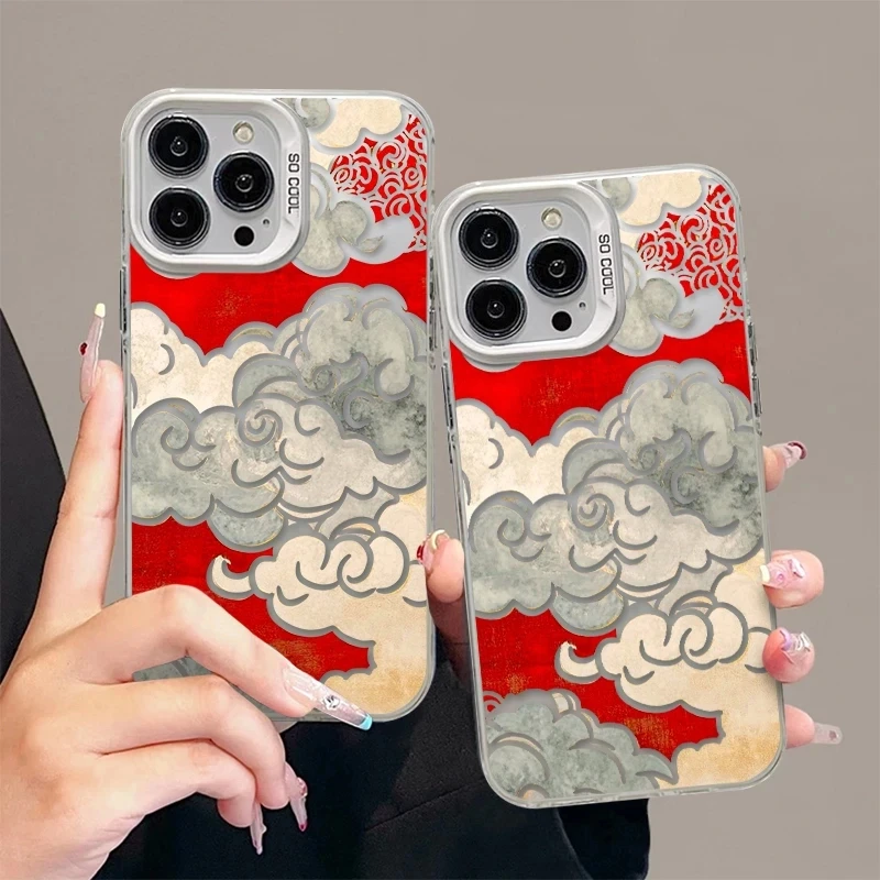 金边祥云新款磨砂彩银适用苹果16promax手机壳小米15华为OPPOVIVO