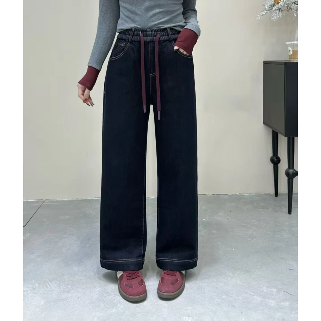 【洋玉服饰】冬季加厚密密绒有弹力窄版直筒牛仔裤舒适百搭松紧腰