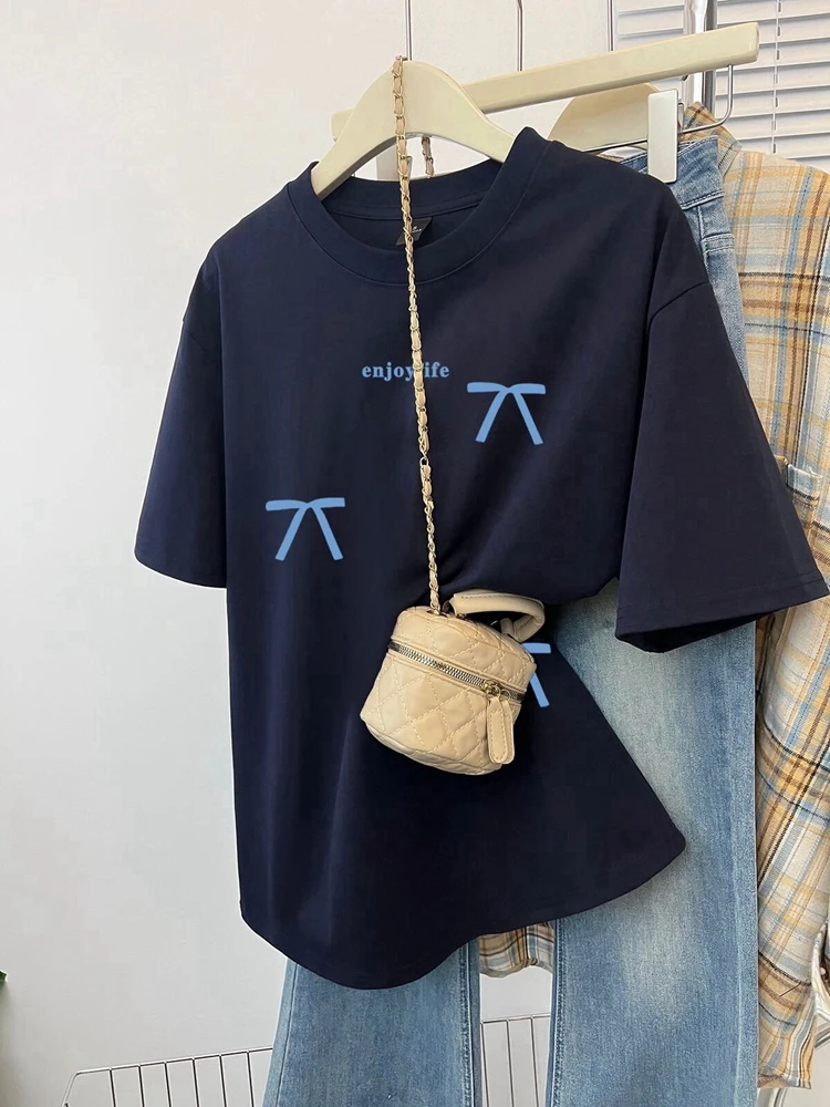 今年流行藏蓝色蝴蝶结正肩圆领T恤女2025新款情侣装百搭减龄上衣