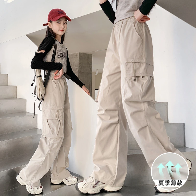 女童裤子夏季薄款冰丝裤工装裤直筒阔腿裤儿童中大童防蚊长裤夏款