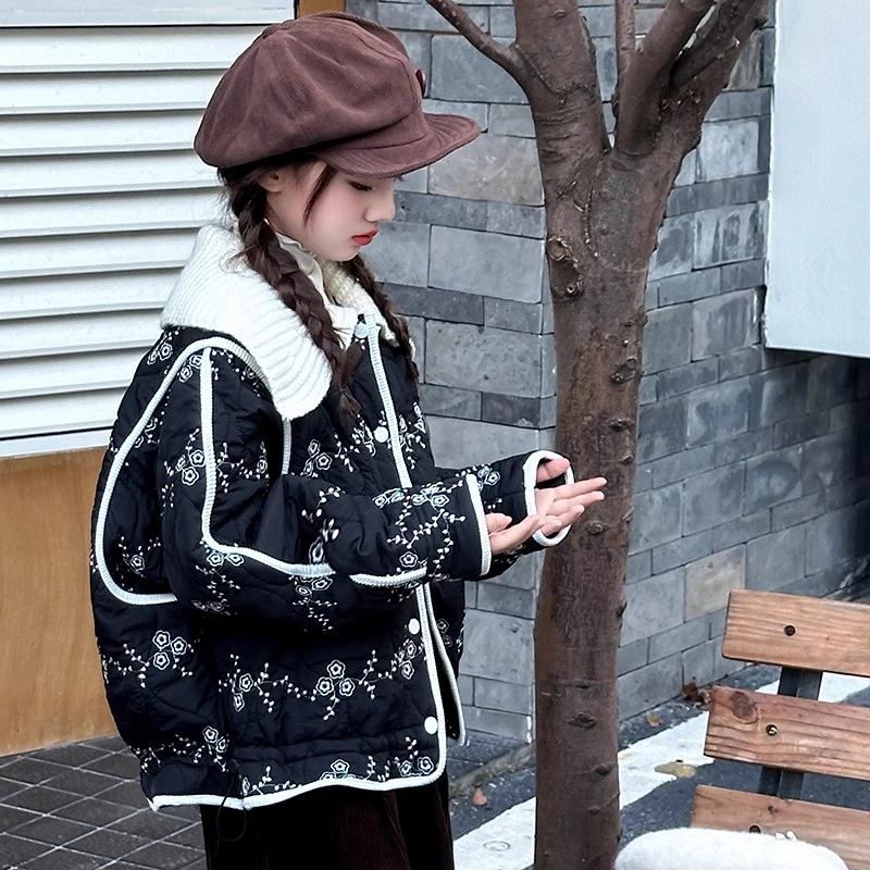 女童夹棉外套秋冬2025新款女孩初冬中大童超好看刺绣棉服薄棉上衣