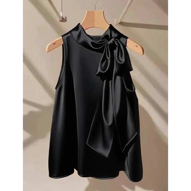 洋气高端别致黑色挂脖时尚小衫女轻熟法式小众蝴蝶结设计感上衣夏