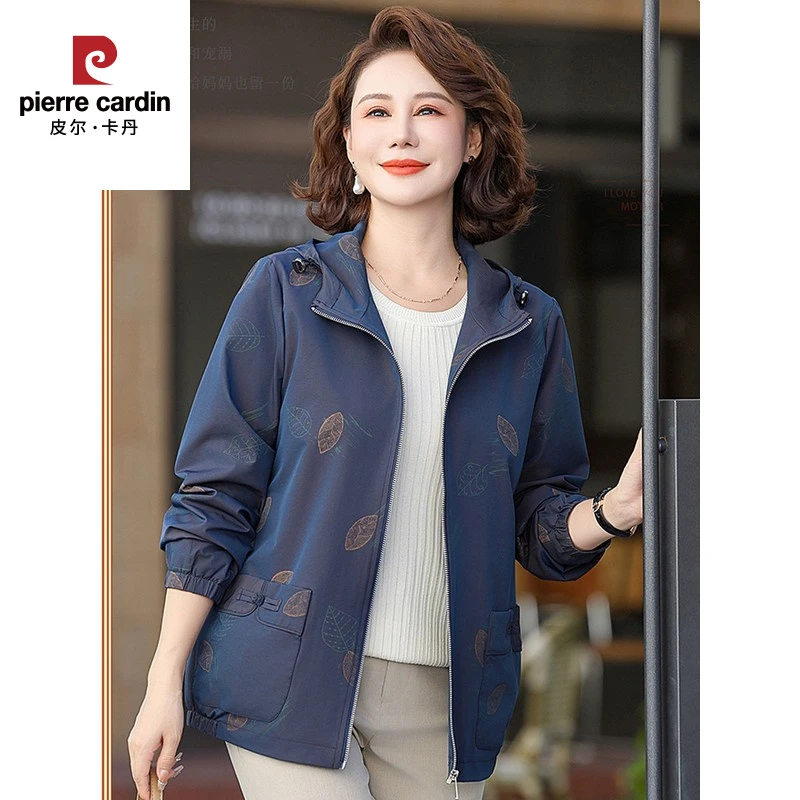 皮尔卡丹连帽外套妈妈装小个子秋季新款宽松休闲60岁中老年女装防