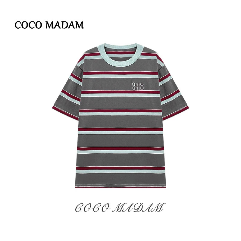 《现货》【MM】Ani-B608 春夏宽松灰条纹美式T恤oversize上衣