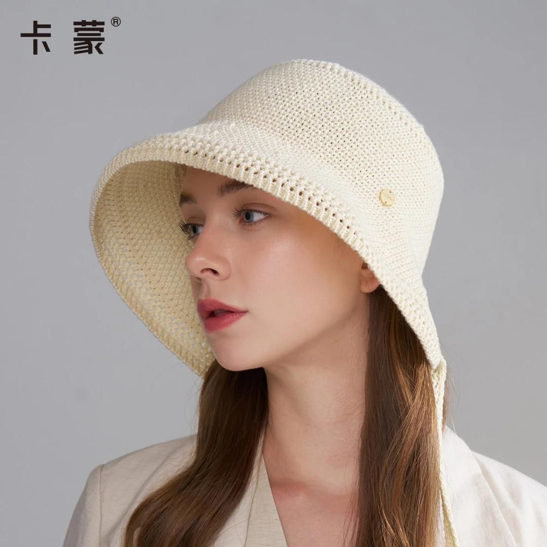 卡蒙飘带渔夫帽大头围遮阳透气时尚编织镂空水桶帽韩版百搭显脸小