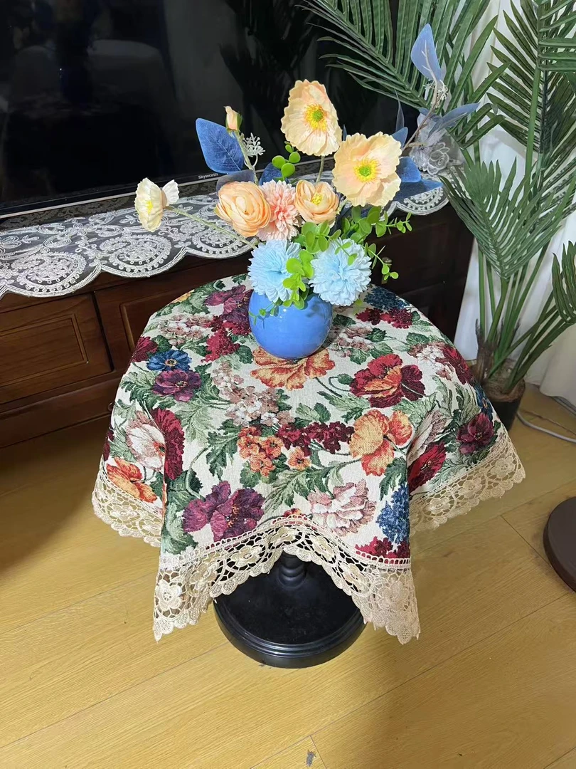 ZN102-4棉麻交织布【85*85】米白色百花齐放水溶边桌布茶几布