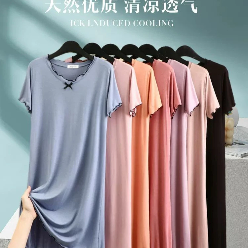莫代尔睡裙中长款短袖连衣裙女夏季大码薄款睡衣木耳边家居服宽松