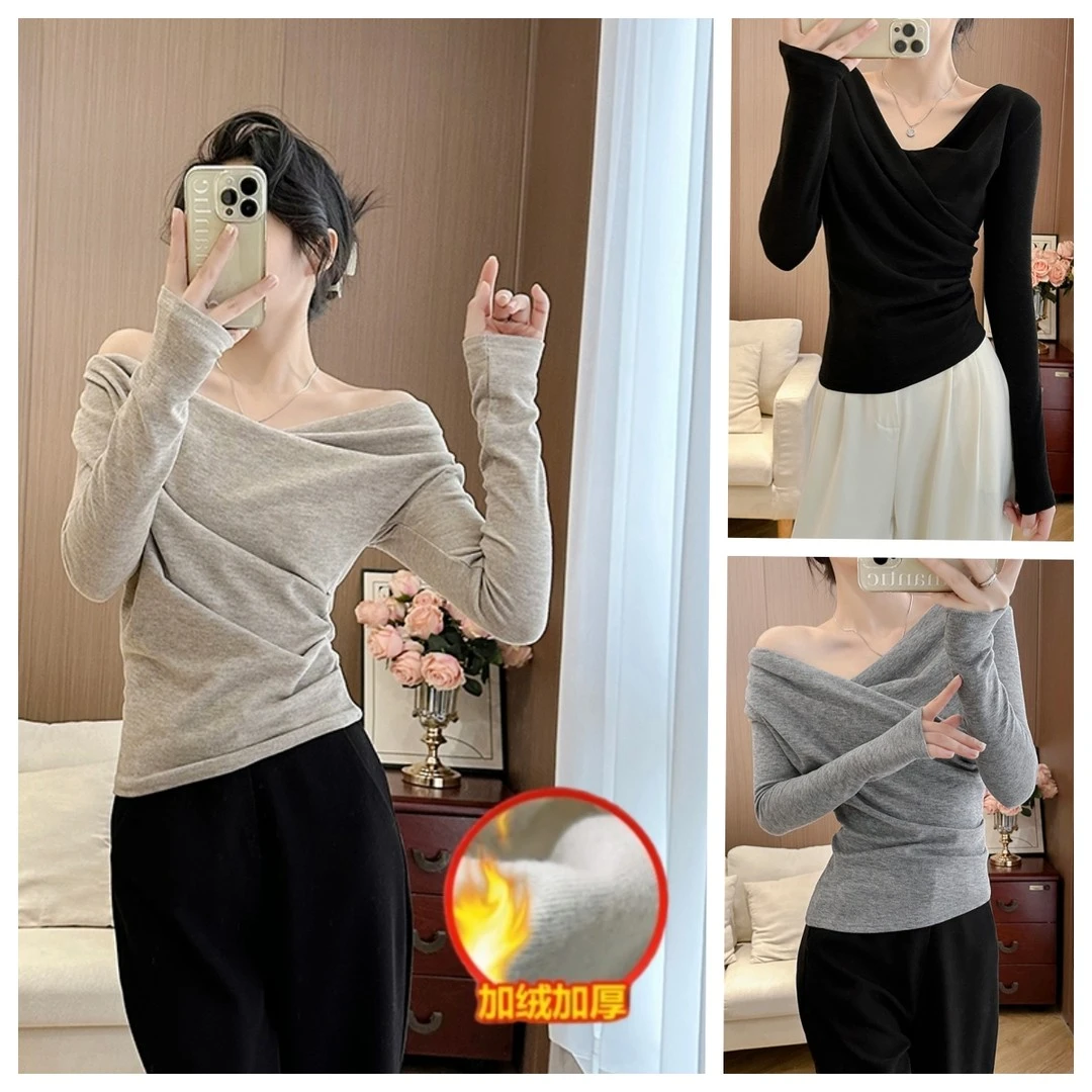 清仓【原版面料】设计感加绒冬纯欲长袖T恤辣妹露肩打底衫+白色圆领