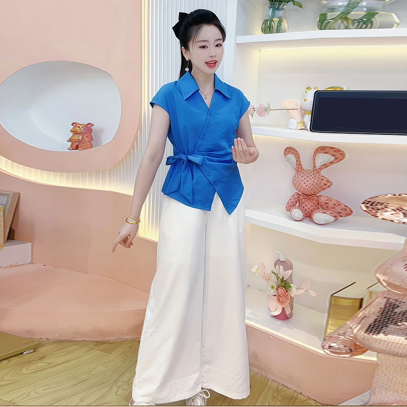 时尚气质套装女2025年夏季新款洋气减龄V领收腰上衣阔腿裤两件套
