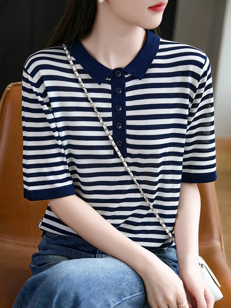 莱赛尔天丝POLO领条纹针织衫