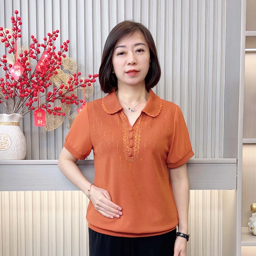 夏季新款休闲百搭气质显瘦减龄中老年妈妈装时尚洋气宽松翻领短袖