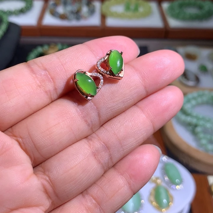 银S925镶嵌和田玉(碧玉)耳饰