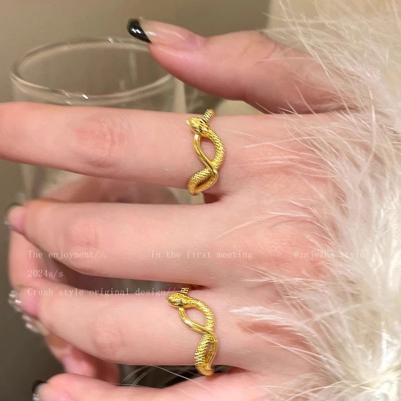 铜合金戒指 金色灵蛇缠绕开口戒指新款蛇年生肖本命年指环食指戒