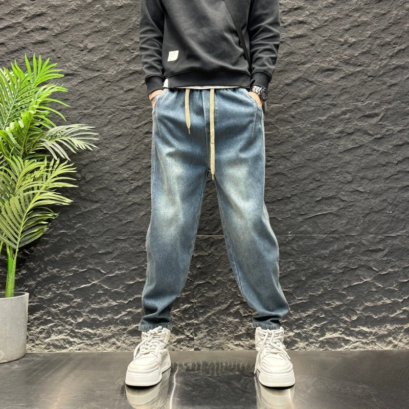 直筒2025新款秋冬男士加绒纯色小脚裤做旧水洗男装松紧腰百搭束