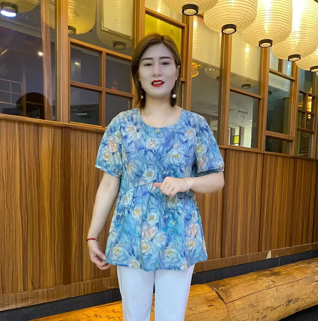 夏季短袖简约风常规款女士大码圆领宽松型水墨画气质上衣