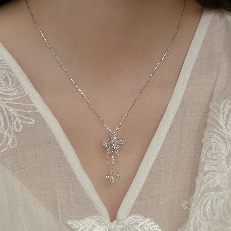 坠链均925银 流苏蝴蝶银项链新中式小众设计感气质锁骨链