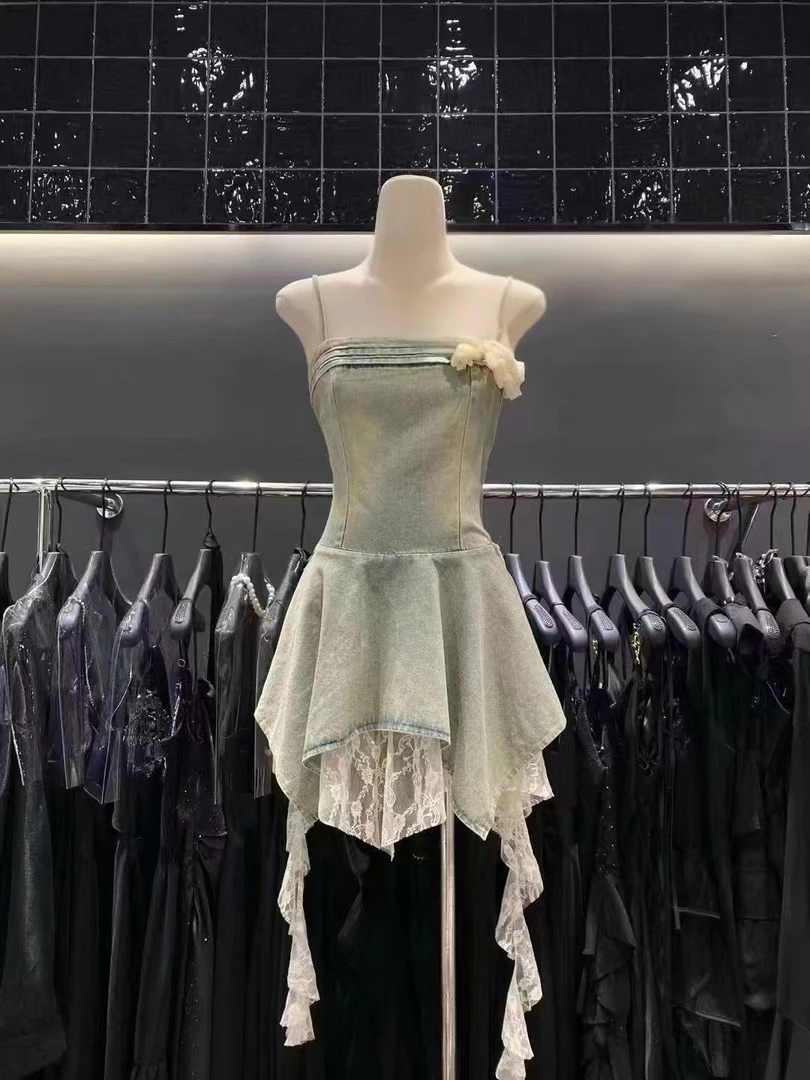 吊带高腰常规无袖夏季连衣裙公主蕾丝贝果复古风