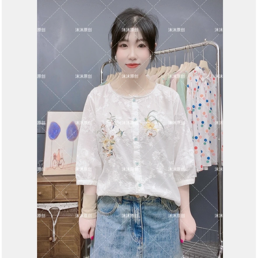 七月原创夏季新款衬衣文艺复古花边重工刺绣宽松圆领短袖衬衫女