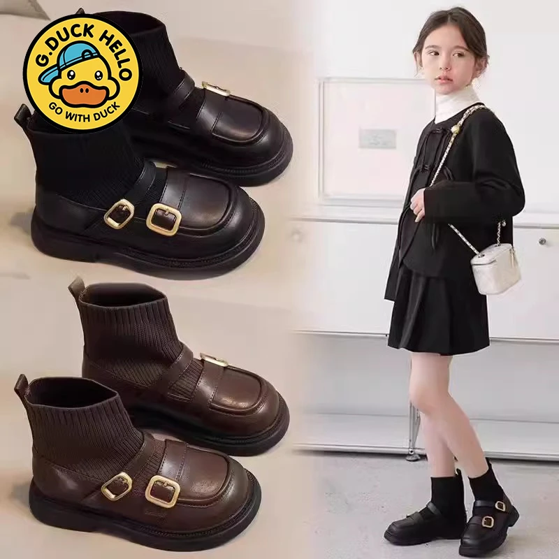 G.DUCK小黄鸭儿童袜靴女童靴子真软皮黑色短靴袜子鞋秋季2024新款