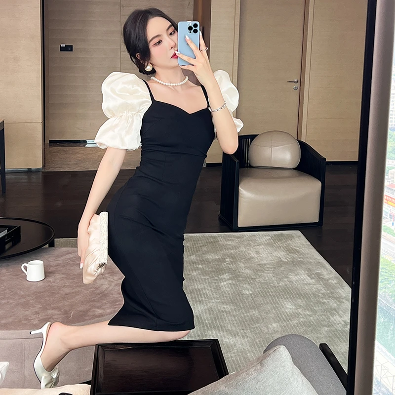 【周粥定制】轻奢泡泡袖拼接方领开叉连衣裙气质修身优雅轻熟风5837