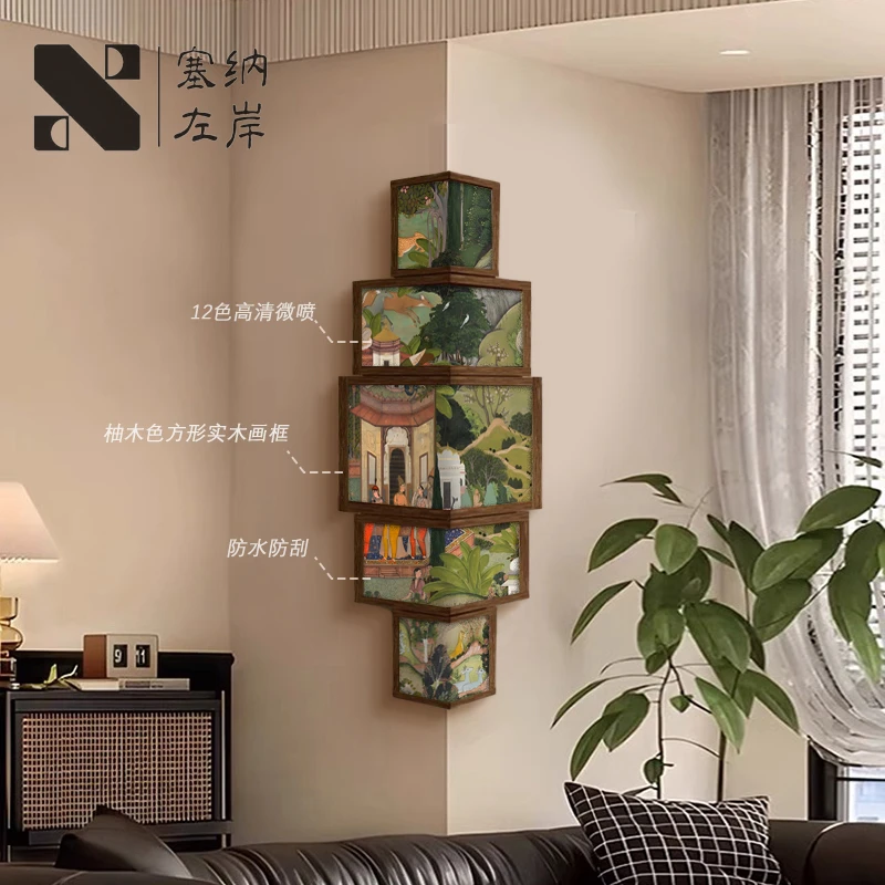 百蝶图复古拐角挂画入户玄关转角装饰画法式中古风客厅背景墙壁画