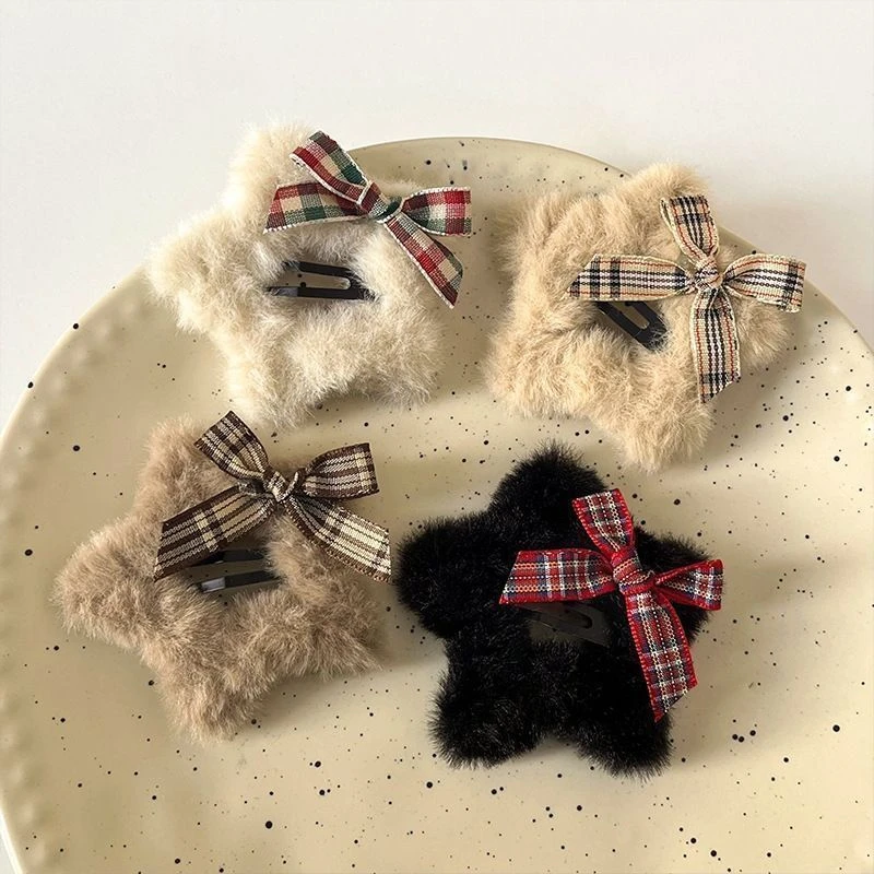 甜美蝴蝶结毛绒星星发卡侧边刘海发夹头饰前额装饰鸭嘴发饰