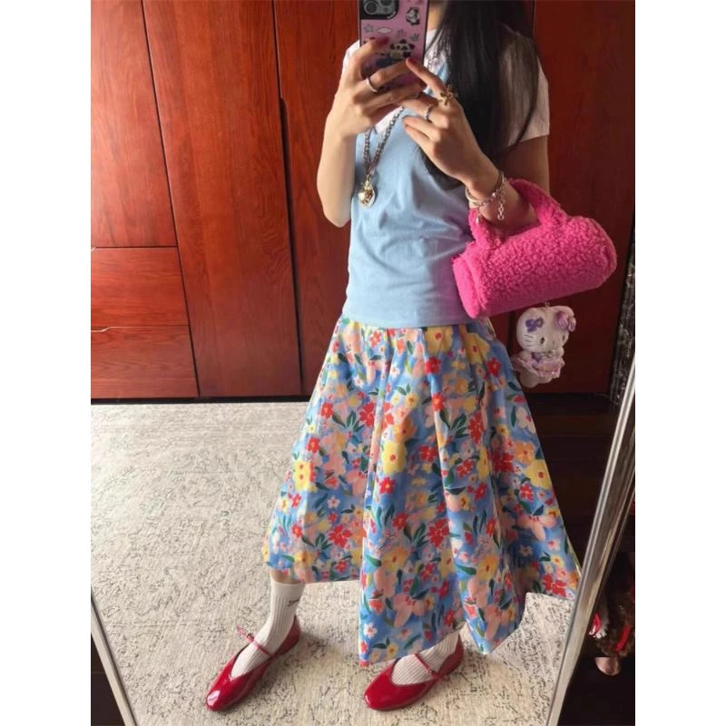 仲夏花园 韩国小众印花蓬蓬花苞半身裙女百搭休闲花色裙