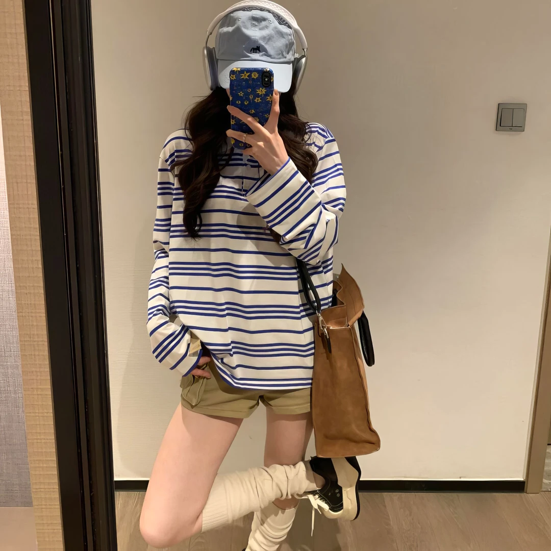 蓝条纹针织polo领正肩韩系简约女早秋季新款宽松显瘦chic上衣长袖