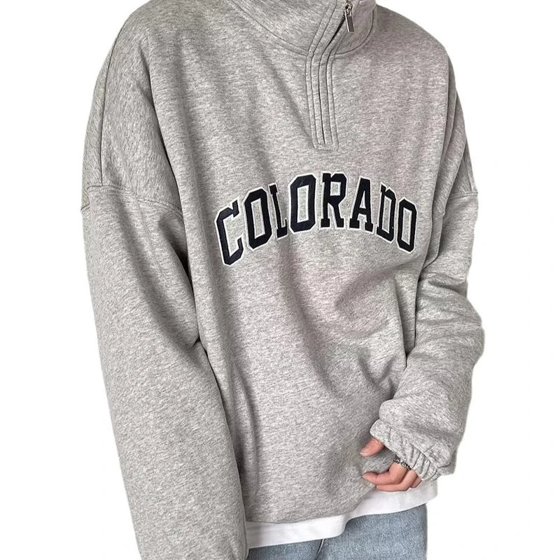 2025秋季半高领卫衣男字母印花外套潮牌vintage宽松长袖打底上衣