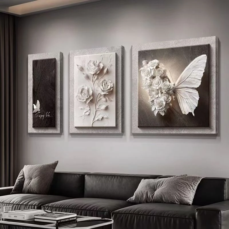 轻奢高级感客厅装饰画晶瓷立体感沙发背景墙挂画花卉蝴蝶三联壁画