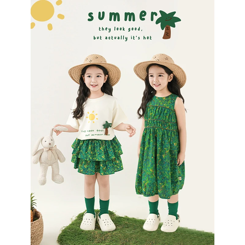 幼悠女童夏装碎花裙子短袖套装女孩可爱超萌儿童衣服儿童森系服装