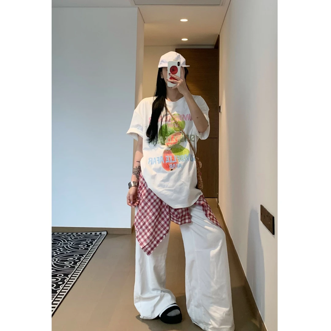 新款原宿风短袖水果轻职风T恤夏装复古牛仔洋气百搭夏季宽松休闲