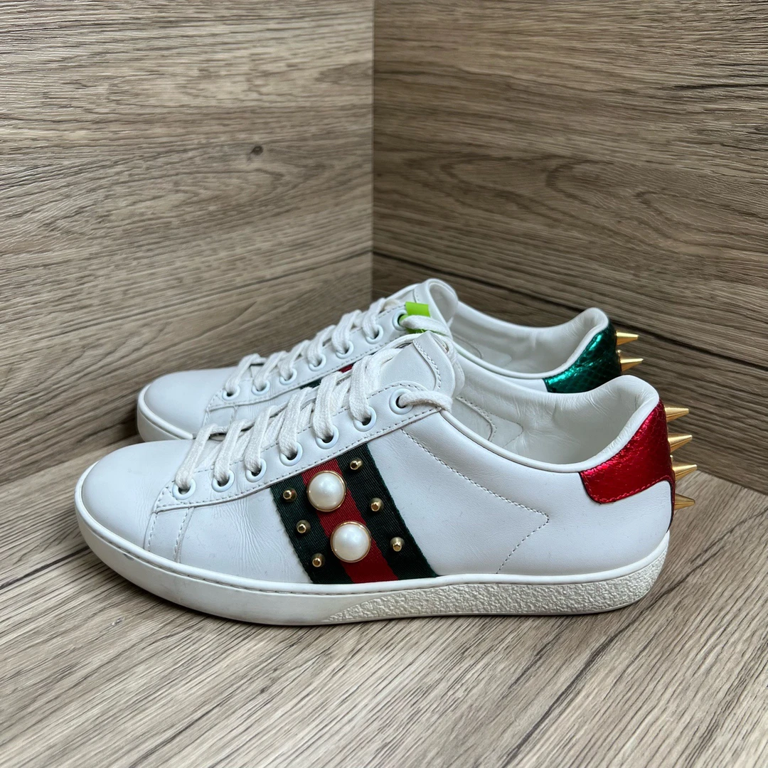 95新 GUCCI/古驰 ACE 铆钉珍珠小白鞋 34码