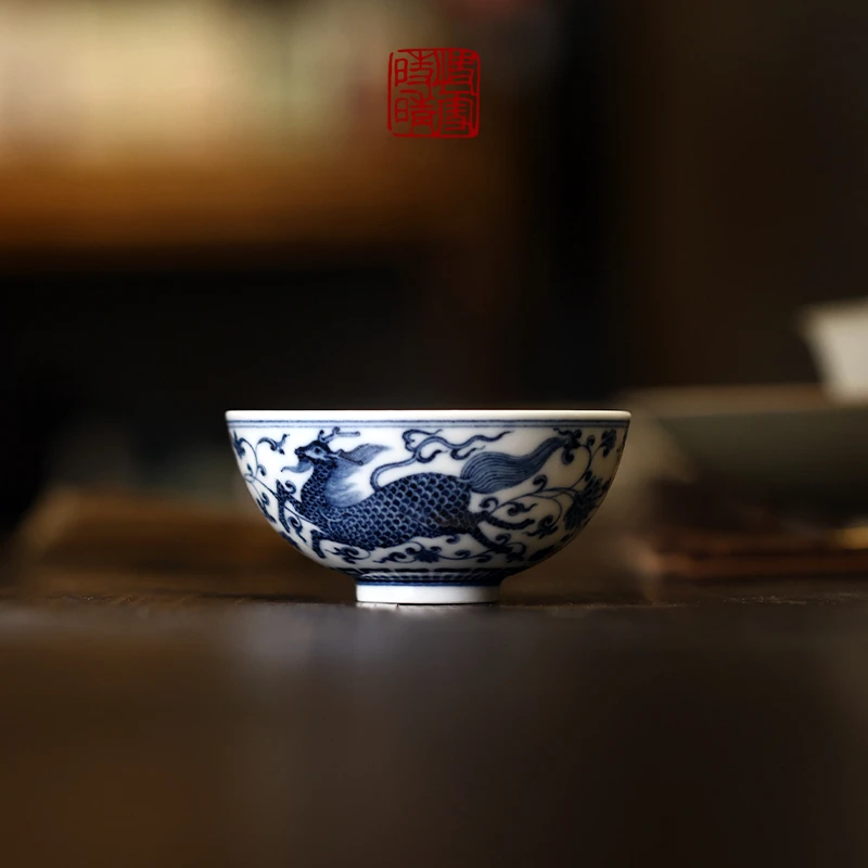 快雪时晴茶具手绘青花麒麟追凤小碗杯品茗杯主个人客饮杯功夫茶道