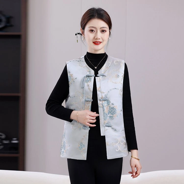 新中式马甲女春秋季装新款圆领国风刺绣流苏背心复古盘扣马夹外套