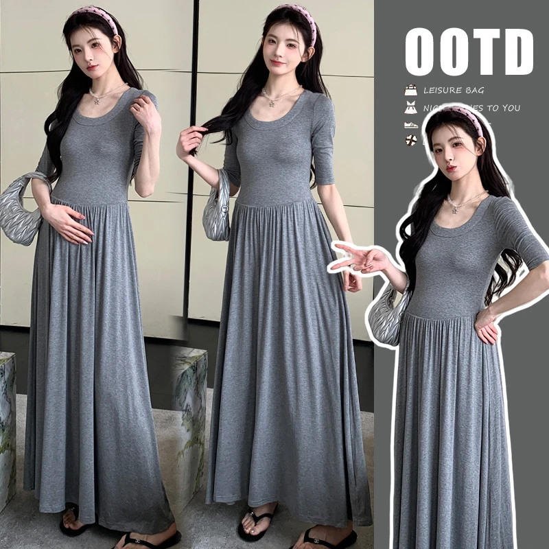 孕妇装夏装2025新款时尚芭蕾气质修身弹力圆领五分袖长款连衣裙子