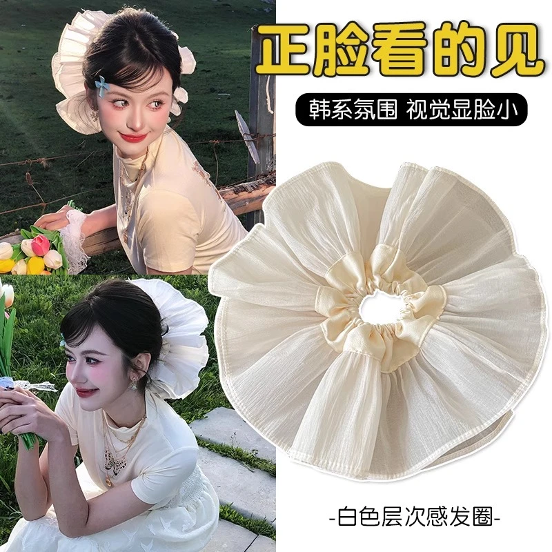 法式超大号褶皱双层网纱大肠发圈高级感扎马尾头花女2025新款头绳