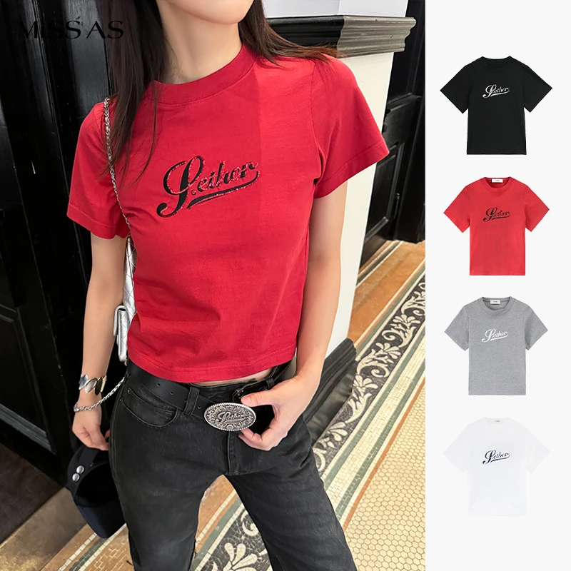 【ETHOR】休闲洋气百搭Logo珠片刺绣短袖小版T恤女25春夏潮牌新品