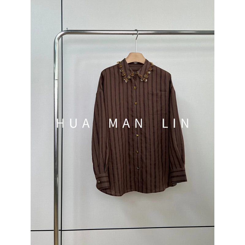 【花满林】翻领亮片刺绣定制扣条纹普洗+酵洗工艺亚麻上衣88802