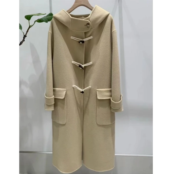 【浥尘女装】连帽牛角扣 双面羊毛大衣 时尚百搭