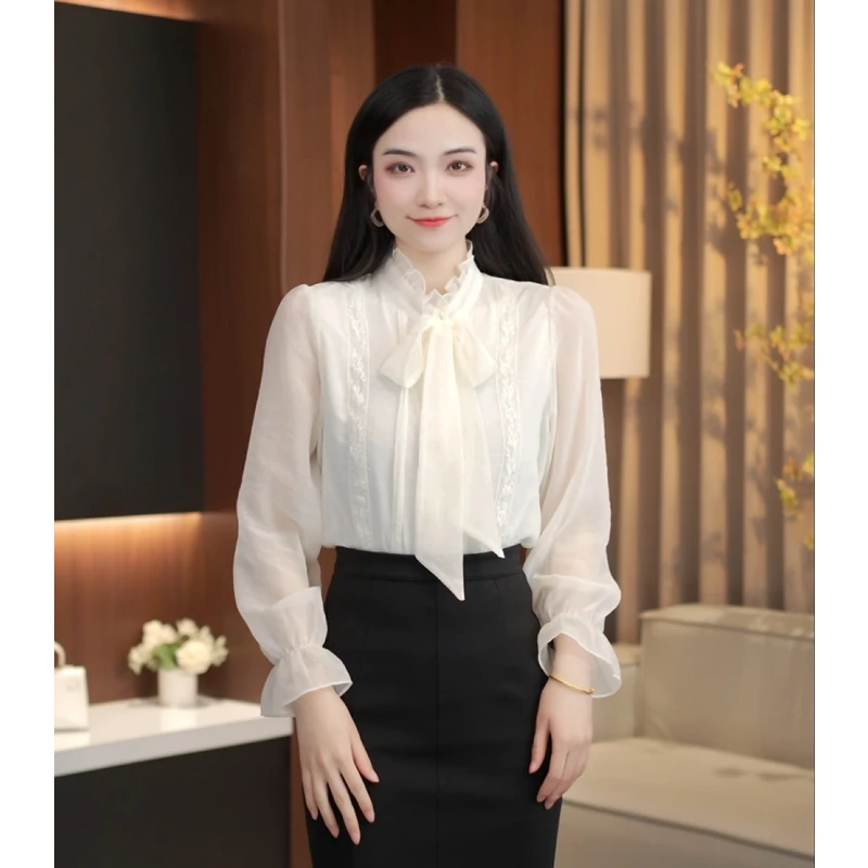 春季新款设计感小众雪纺气质上衣法式高级感立领蝴蝶结长袖衬衫女
