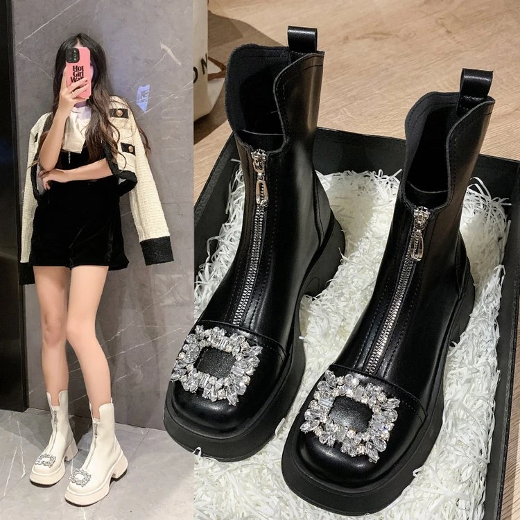 新款小众配裙子粗跟短靴女白色潮瘦瘦靴高跟小个子时尚