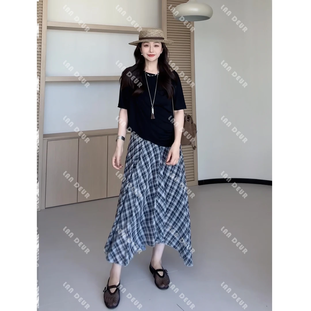 【烟熏葡萄】韩系不规则下摆设计感格子气质显瘦半身长裙子女