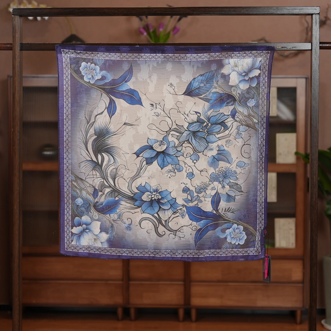 【A56-97青花佳人】70*70丝巾气质大方花丝斜纹气质国风夏季薄