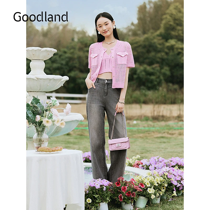 Goodland美地女装2025夏季新款粉色镂空短袖针织外套/半身裙