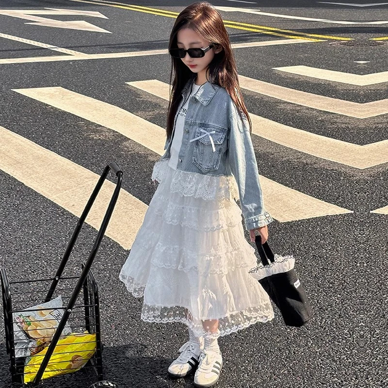 女童2025春秋新款洋气时髦女孩休闲上衣春装韩版蕾丝拼接牛仔外套