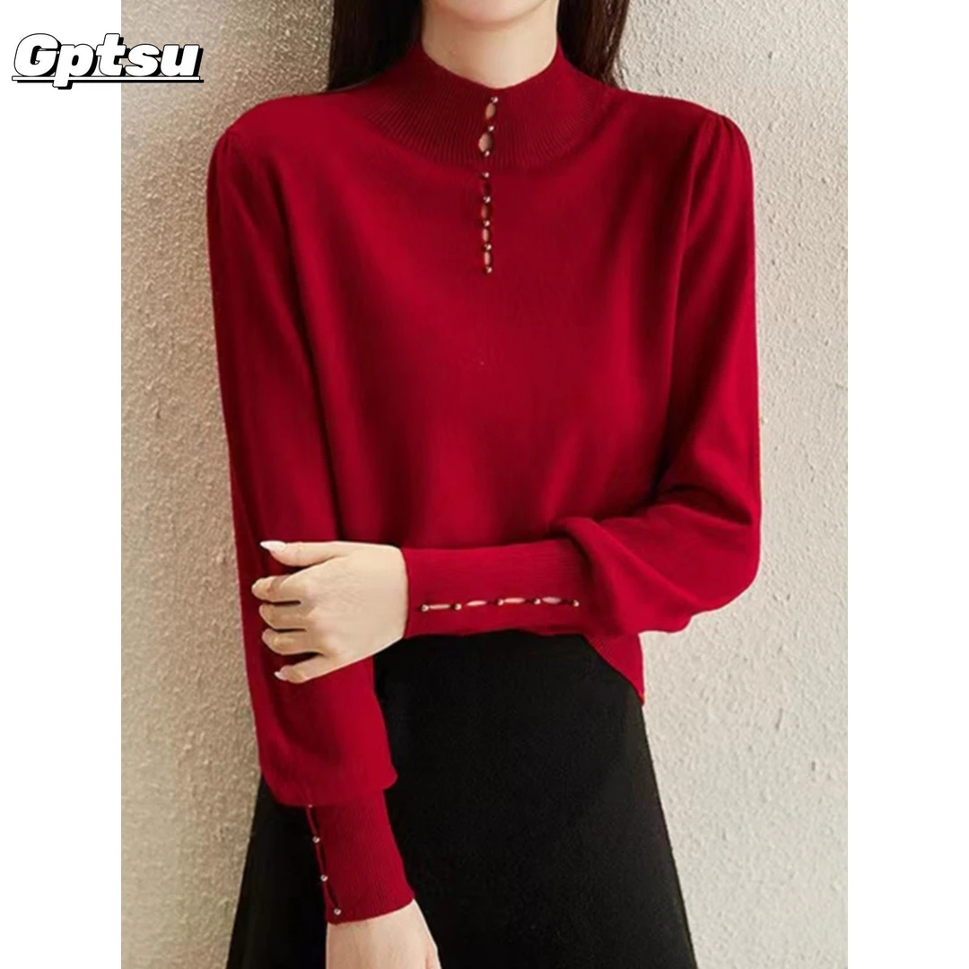 GPTSu2025秋冬新金属珠饰重工业百搭纯色羊绒衫女士新年红色毛衣