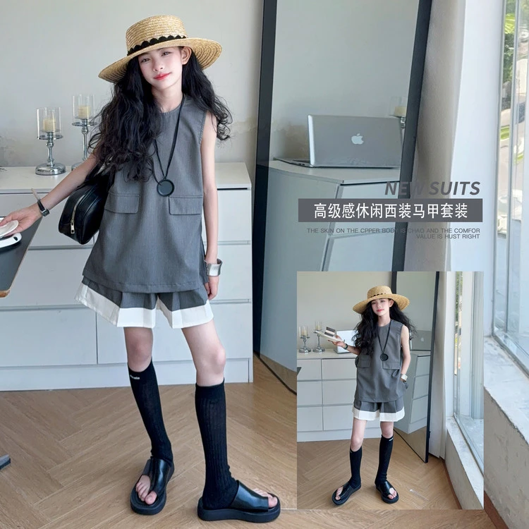 女童套装夏款2025中大童辣妹装夏季薄款灰色西装马甲背心撞色短裤